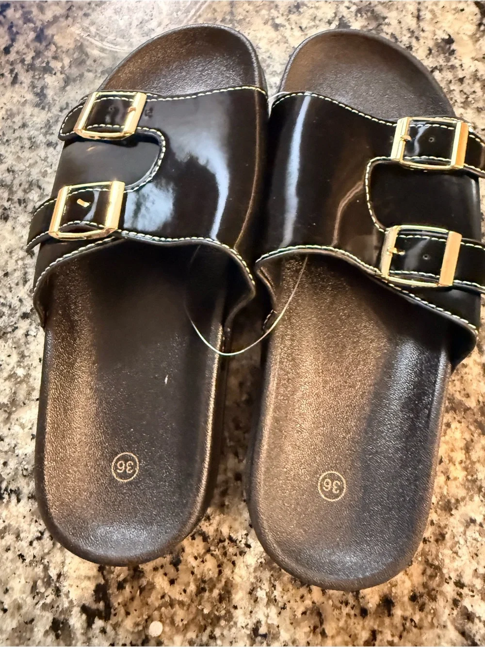 Girls Black Patent Double Buckle Slide Sandals with Gold Buckles
